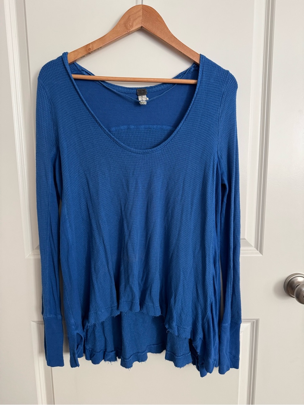 We The Free Blue Waffle Knit Long Sleeve Scoop Neck Top